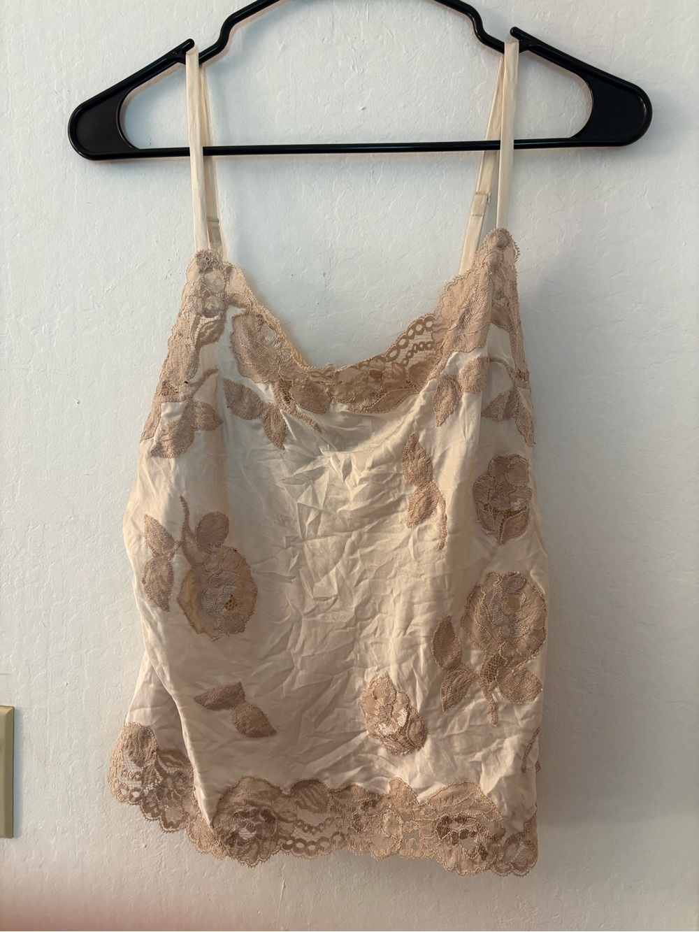 Natori Cream Satin Slip Cami with Beige Lace Embroidery